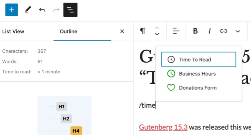 Gutenberg 15.3 新增了新的“阅读时间”区块