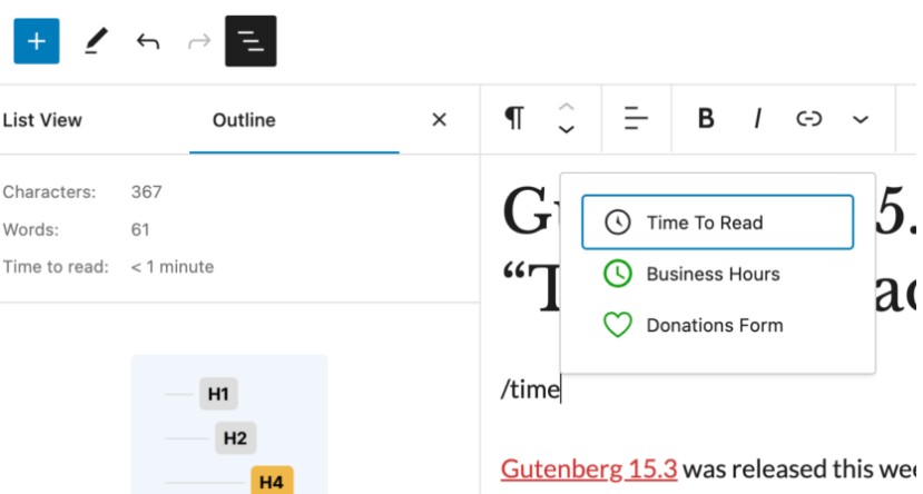 Gutenberg 15.3 新增“阅读时间”区块 
